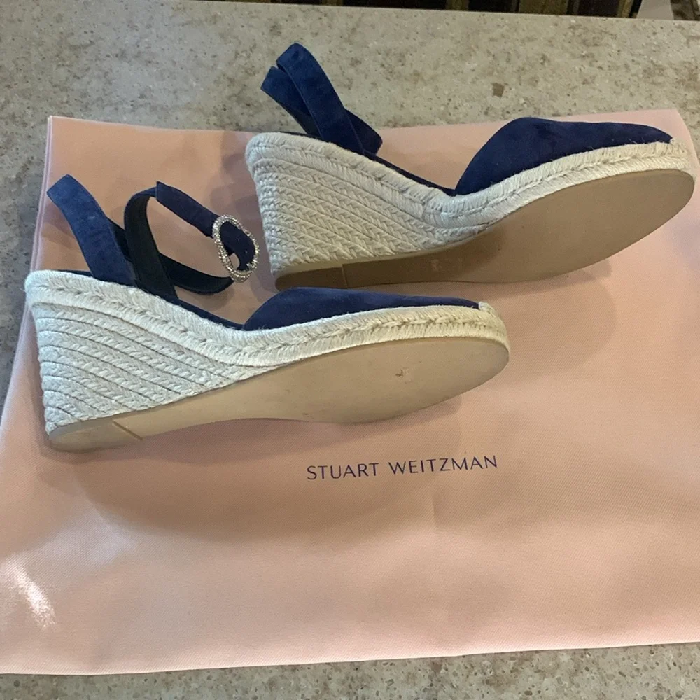 NWOT Stuart Weitzman Crystal Buckle Navy Blue Espadrille Wedge Sandals Size 9